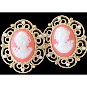 Vintage Cameo Earrings Set for Pierced Ears Filagree Gold Tone Faux Pearls Nice